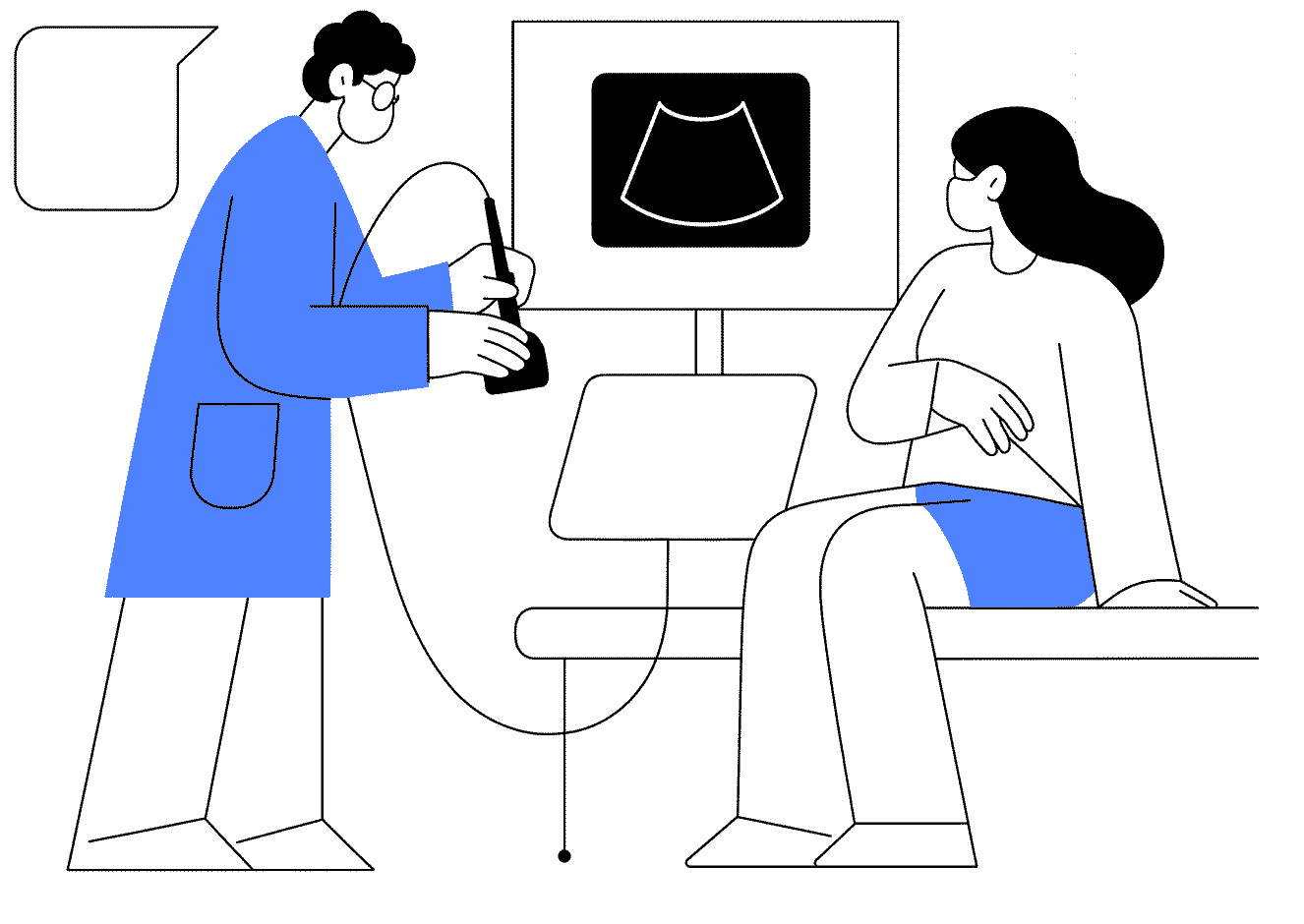 Ilustrace znázorňuje ultrazvukové vyšetření břicha lékařem, který ma v ruce ultrazvukovou sondu.